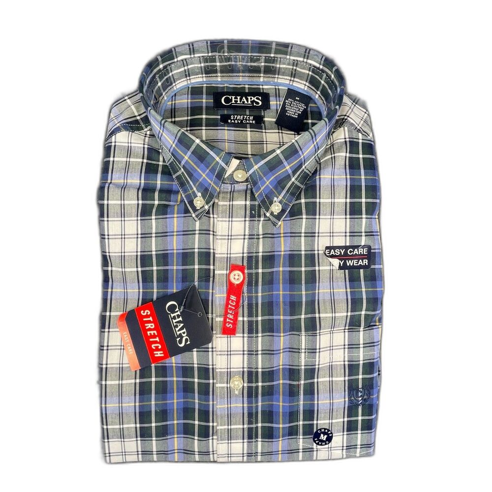 NWT Chaps Men's Medium Stretch Easy Care Button Down Shirt Blue Green Plaid